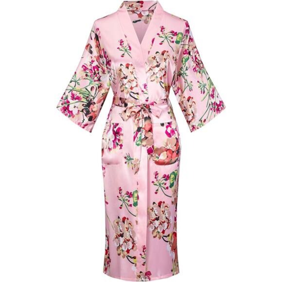 Women's Long Kimono Robe Floral Printed Satin Robes Lightweight Silky Bathrobe - Picture 1 of 8